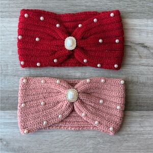 Red and Pink Knitted Headbands with Pearl Accents (2Pcs)‎
